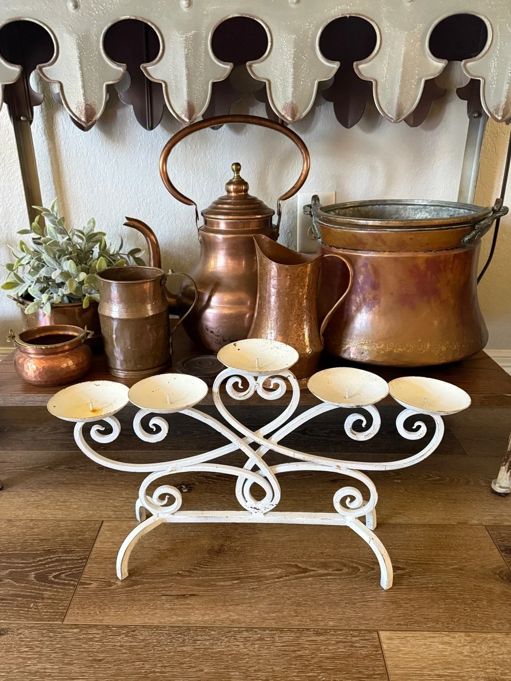 Vintage Cast Iron White Farmhouse 5-Arm Candle Holder with Genuine Patina